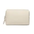 Beige PU waterproof cosmetic bag with elegant cross-hatch texture and gold ring zipper - Ivory