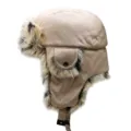 Warme Uschanka Wintermütze mit Ohrenklappen aus Kunstpelz und Leopardenmuster-Besatz - M (56-58cm) / Khaki