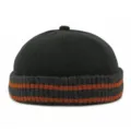 Black retro knit landlord beanie with orange striped ribbed cuff for autumn fashion - Miki Hat (DZ013) / Adjustable (56-60cm) / Plain-Black