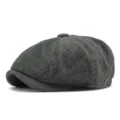 Vintage gray herringbone newsboy cap with brushed wool-like texture - One Size (Fits 56-59cm) / Style 1 (With Side Metal Label) / Dark Gray