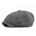 Classic gray herringbone newsboy cap with octagonal design in retro British style - One Size (Fits 56-59cm) / Style 1 (With Side Metal Label) / Light Gray