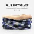 Detailed view of winter checkered neck gaiter with thick tan plush fleece lining - Fleece Lined Style (Blue Plaid) / One Size