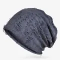 Fashionable grey-blue distressed beanie hat featuring a ripped texture design - One Size / Ripped / Navy Blue