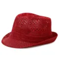Sombrero fedora de paja rojo calado transpirable para protección solar de verano - Talla Única (56-58cm) / Geométrico / Rojo