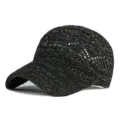 Black knitted baseball cap with gold metallic thread and breathable hollow mesh design - Suitable for head circumference approx 54-58cm / Black
