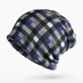 Soft knitted slouchy beanie hat with classic blue and black plaid pattern for unisex wear - Thin Style (Blue Plaid) / One Size