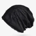 Fashionable black distressed thin beanie with ripped texture and breathable stretchy knit - One Size / Ripped / Black