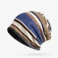 Stylish striped fleece lined beanie hat for winter warm slouchy headwear in blue - Fleece Lined Style (Coffee Striped) / One Size