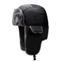 Dicker schwarzer Winter-Ushanka-Hut mit grauem Kunstpelzfutter und Windschutzklappen - Einheitsgröße / Schwarz