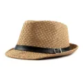 Unisex straw fedora sun hat with black band and buckle, perfect for summer beach vacations. - One Size (56-58cm) / Jazz Hat Style / Coarse Grain-Belt Buckle-Khaki