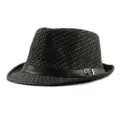 Stylish black straw fedora hat with leather buckle band for summer sun protection - One Size (56-58cm) / Jazz Hat Style / Coarse Grain-Belt Buckle-Black