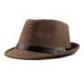 Classic brown straw fedora jazz hat featuring a stylish black faux leather buckle band - One Size (56-58cm) / Jazz Hat Style / Coarse Grain-Belt Buckle-Coffee