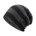 Premium black and gray striped slouchy knit beanie hat for men and women in winter - One Size (55-62cm) / Black Dark Gray