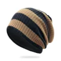 Warm striped knitted beanie hat in black and brown with extra soft inner lining - One Size (55-62cm) / Black Khaki