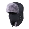 Thick warm winter trapper hat in black with grey faux fur and integrated face mask. - One Size (56-58cm) / Black
