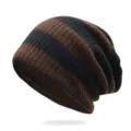 Warm winter striped knit beanie hat in brown and black for men and women daily wear - One Size (55-62cm) / Dark Coffee