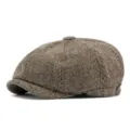 Classic retro brown herringbone newsboy cap for men and women stylish winter hat - One Size (Fits 56-59cm) / Style 1 (With Side Metal Label) / Coffee