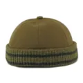 Vintage knit brown docker hat for men and women with striped ribbed rolled cuff - Miki Hat (DZ013) / Adjustable (56-60cm) / Plain-Army Green