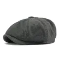 Vintage charcoal grey herringbone newsboy cap for men and women, classic retro style - One Size (Fits 56-59cm) / Style 1 (No Side Label) / Dark Gray