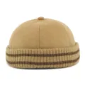 Vintage khaki knitted docker skullcap hat featuring a brown striped rib cuff design - Miki Hat (DZ013) / Adjustable (56-60cm) / Plain-Khaki