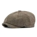 Vintage brown herringbone newsboy cap with wool-like texture for autumn and winter - One Size (Fits 56-59cm) / Style 1 (No Side Label) / Coffee