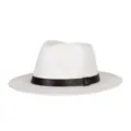 Sombrero de paja Panamá blanco clásico para hombre con banda de cuero marrón y hebilla M - Talla Única Se Ajusta a 57CM / Insignia M Blanco