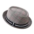 Classic grey plaid fedora hat with short brim and stylish black striped ribbon band - M / British Vintage Short Brim Fedora (L0242) / Plaid Red Line