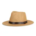 Sombrero de paja Panamá caqui para hombre con banda de cuero marrón y hebilla M - Talla Única Se Ajusta a 57CM / Logo M Caqui