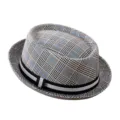 Classic grey plaid trilby hat with striped band and short brim for British retro style - L / British Vintage Short Brim Fedora (L0242) / Plaid Blue Line