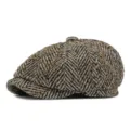 Classic brown herringbone patterned newsboy cap with vintage octagonal design for men and women - One Size (Fits 56-59cm) / Style 2 / Khaki