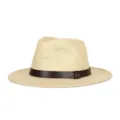 Cappello Panama in paglia beige da uomo con fascia in pelle marrone e fibbia metallica - Taglia Unica per 57CM / Logo M Bianco Sporco
