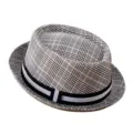 Classic grey plaid trilby hat with short brim and striped ribbon band for men and women. - M / British Vintage Short Brim Fedora (L0242) / Plaid Light Gray