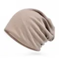Textured khaki cotton grain knit slouchy beanie hat for men and women in casual outdoor style - 57-60cm (Elastic) / Khaki