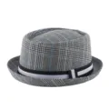 Classic grey plaid trilby hat with short brim and decorative black and white band detail - M / British Vintage Short Brim Fedora (L0242) / Linen Look Blue Line
