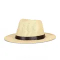 Cappello Panama da uomo in paglia beige con fascia decorativa in pelle marrone scuro - Taglia Unica per 57CM / Multi-Lettera Bianco Sporco