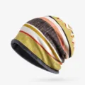 Multicolor striped slouchy beanie hat featuring a warm grey fleece interior lining - Fleece Lined Style (Yellow Striped) / One Size