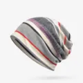 Slouchy striped knit beanie hat in grey red and purple colors for autumn winter warmth - Thin Style (Grey Striped) / One Size