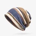 Casual slouchy knit beanie hat with multi-color blue and brown striped pattern - Thin Style (Coffee Striped) / One Size