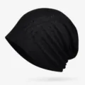 Black thin distressed slouchy beanie hat with breathable fabric for spring and summer - One Size / Raw Edge Patchwork Style / Black