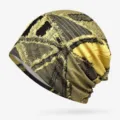 Fashionable thin distressed slouchy beanie hat with yellow and black patchwork design - One Size / Raw Edge Patchwork Style / Yellow
