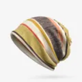 Soft and warm striped slouchy beanie hat for winter with multicolor earth tones design - Thin Style (Yellow Striped) / One Size
