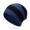 Blue and black striped knitted beanie with warm fleece lining for men and women - One Size (55-62cm) / Black Dark Blue