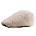 Men's vintage herringbone wool flat cap in beige, stylish warm winter beret hat. - Snap Button Adjustment / Beige Herringbone