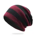 Classic red and black striped knit slouchy beanie hat for autumn and winter warmth - One Size (55-62cm) / Black Burgundy