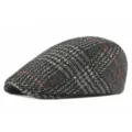 Vintage wool blend plaid flat cap in dark grey with red accent lines for winter season - Snap Button Adjustment / Black Plaid
