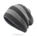 Comfortable grey and black striped knit beanie for men and women, stylish winter warm hat - One Size (55-62cm) / Dark Grey Light Grey