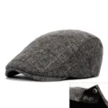 Men's vintage grey herringbone wool flat cap with snap closure detail for winter - Snap Button Adjustment / Gray Herringbone