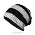 Warm black and white striped knitted beanie hat with soft lining for autumn and winter - One Size (55-62cm) / Black and White