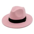 Elegant pink wool felt fedora hat featuring a black ribbon band for women and men - Adult Size (56-58cm) / Pink