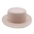 Vintage pale pink flat top felt hat with wide brim for autumn and winter fashion - Beige